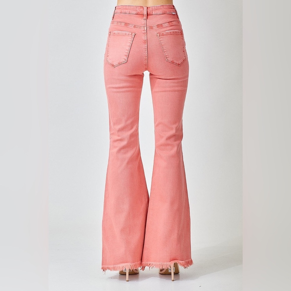 High-Waist Pink Flared Jeans with Split Hem - Picture 2 of 10